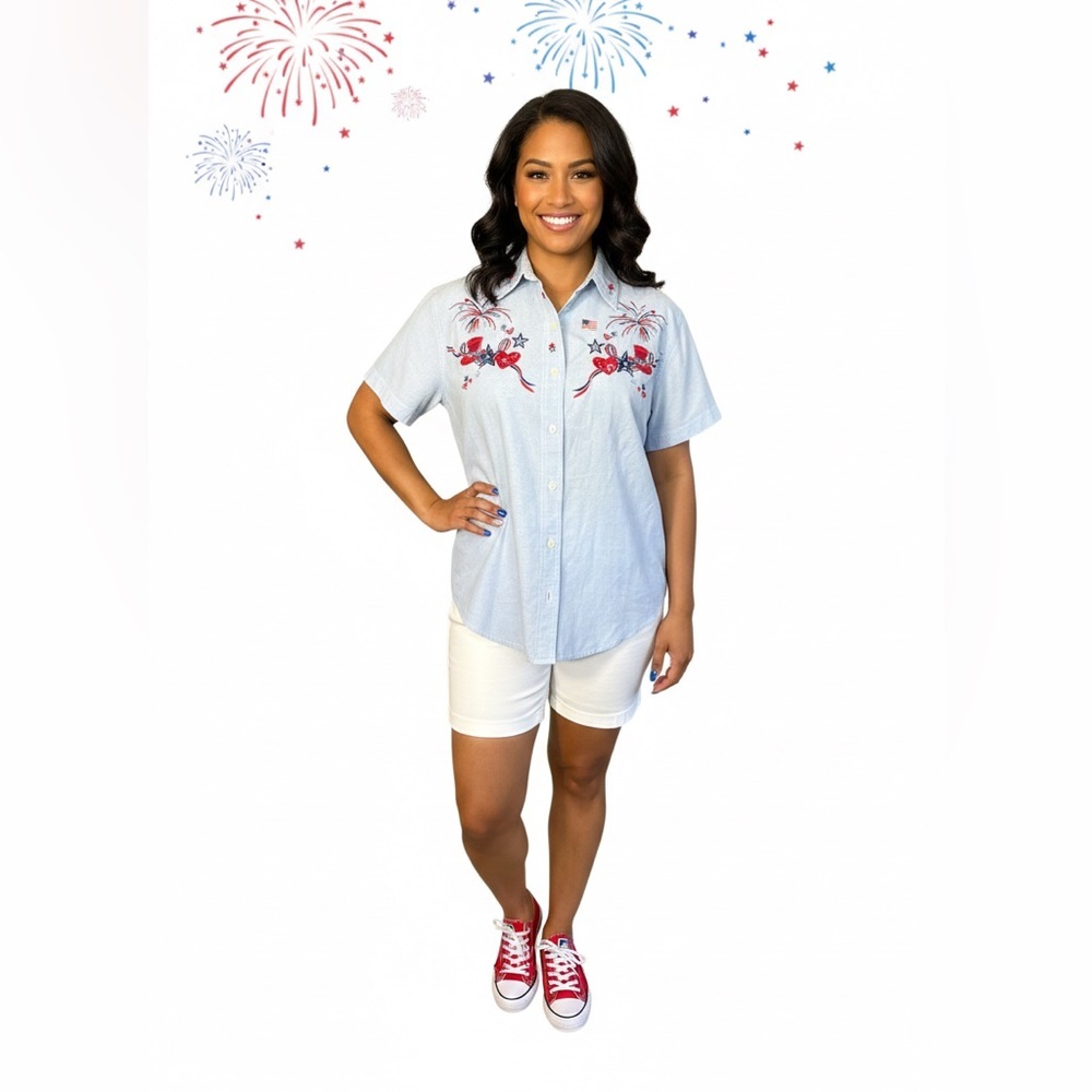 Quizz Petite Embroidered Americana Button Shirt PM Cotton Patriotic Vintage